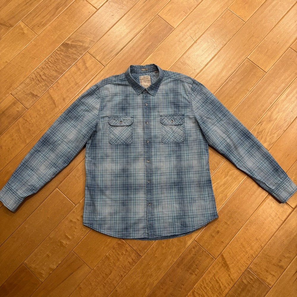 Guess Men's Blue Checkered Long Sleeve Regular Fit Cotton Button Front Shirt XL